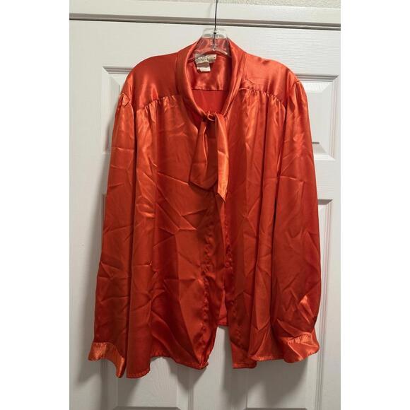 Vintage Orange Red Satin Tie-Neck Blouse – Cali Div Carry Back - Picture 1 of 6